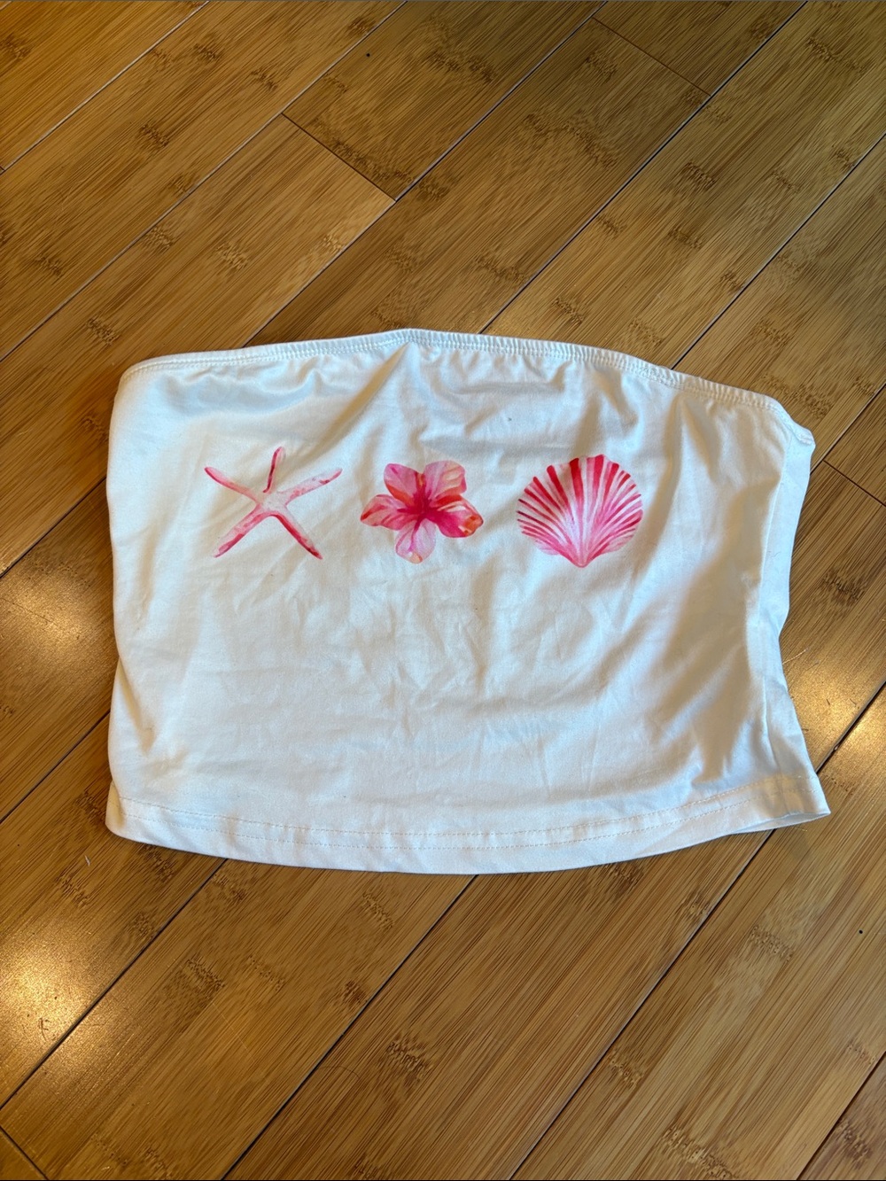 White Strapless Tube Top with Pink Shell & Flower Motif